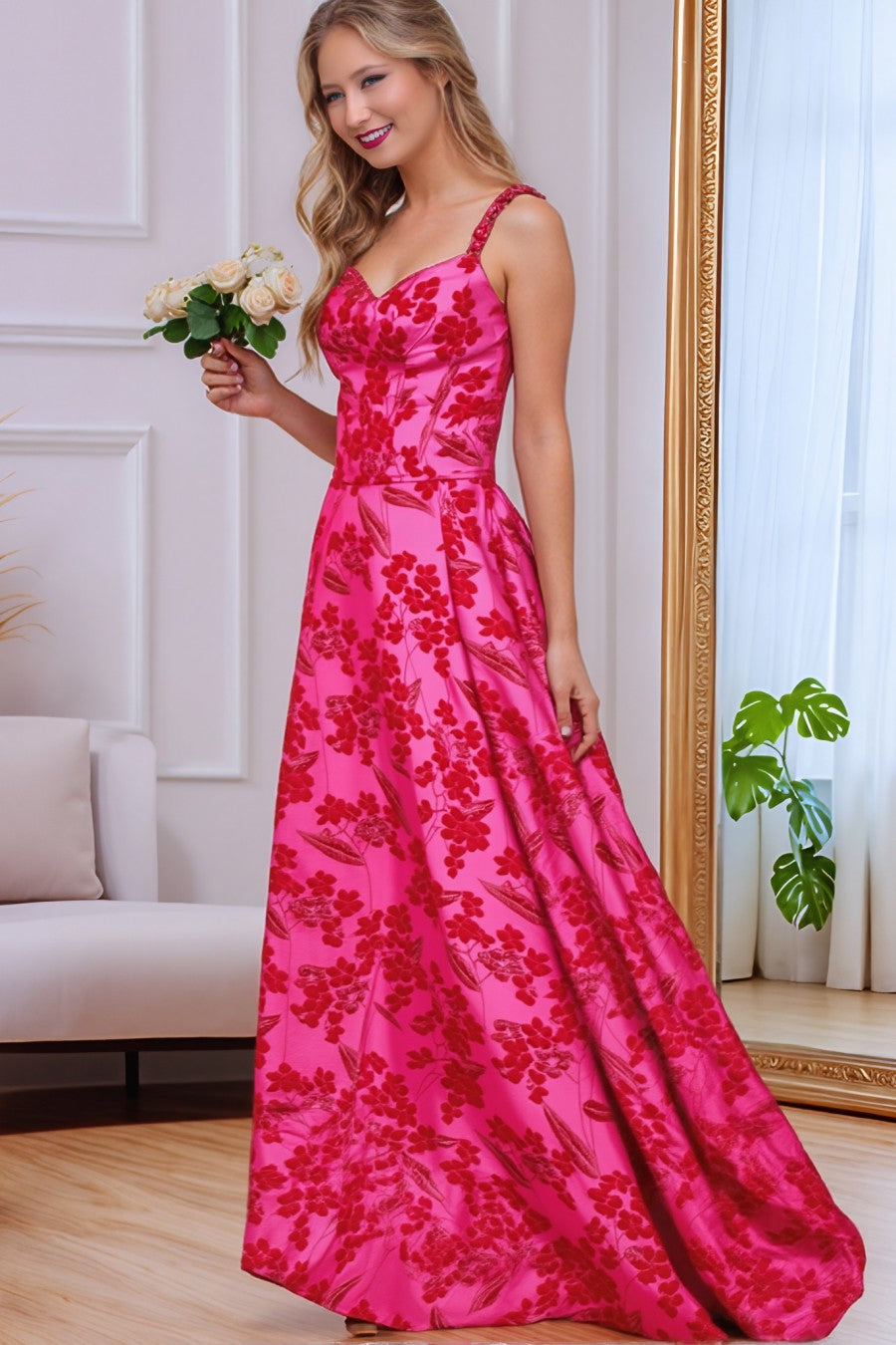 A line V Neck Floral Printed Long Prom Dress