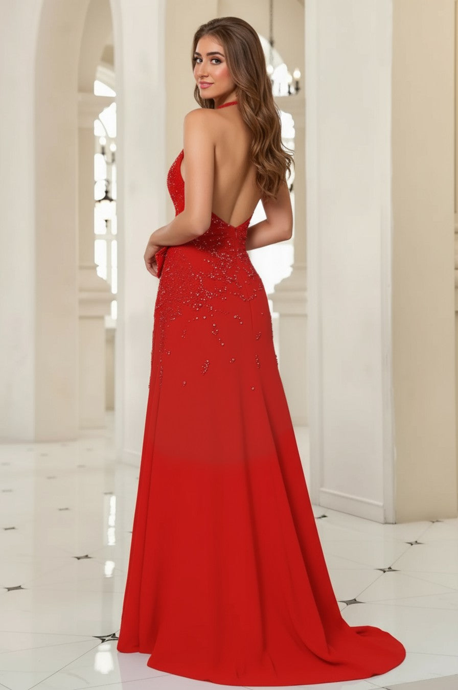 A line V Neck Long Prom Dress With Beads