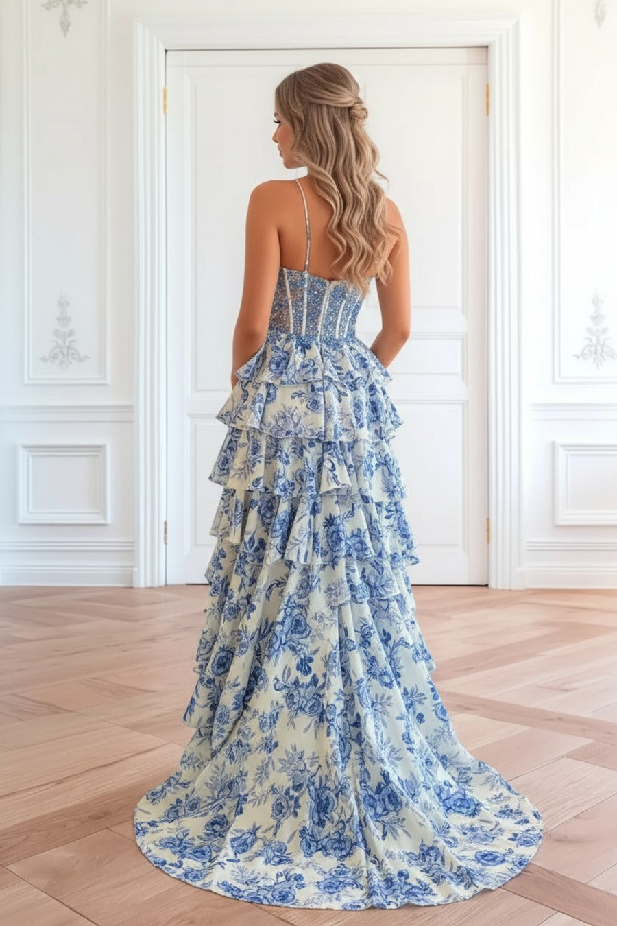 A line Tiered Porcelain Prom Dress