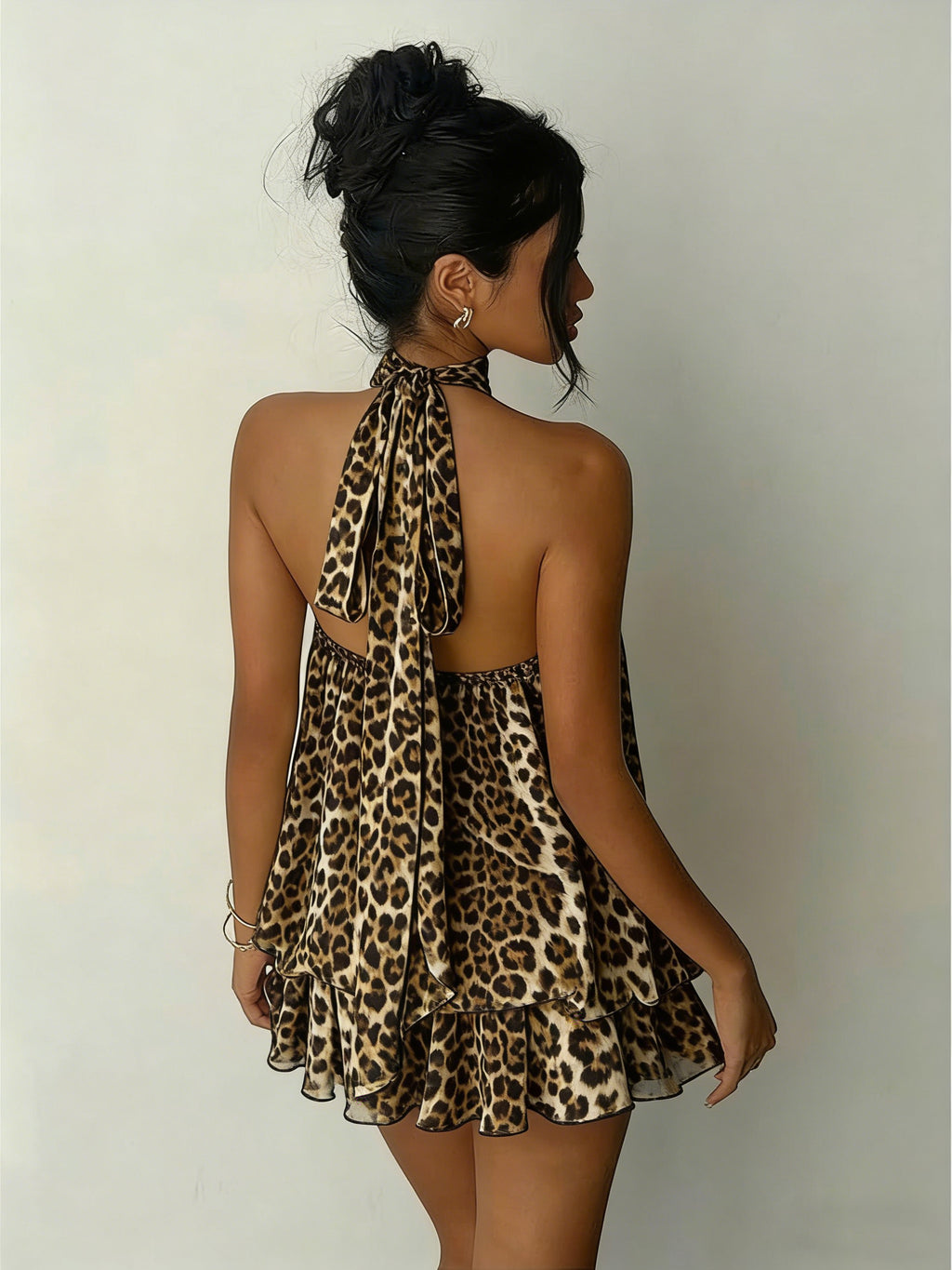 Leopard Print Halter Neck Homecoming Dress | Tiered Ruffle Sleeveless Open Back Mini Party Gown