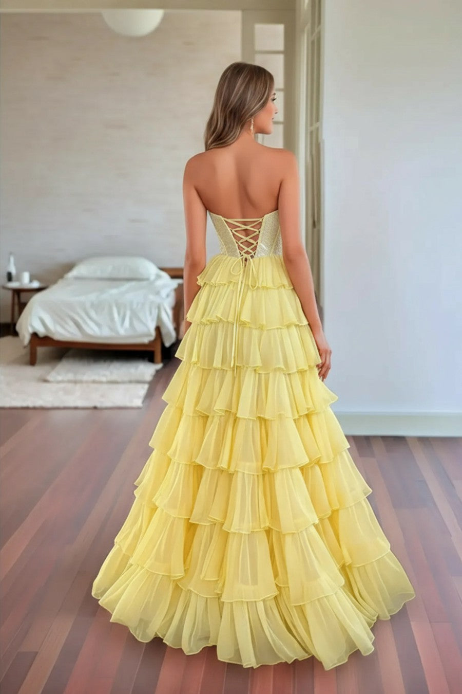 A line Tiered Long Prom Dress With Beading