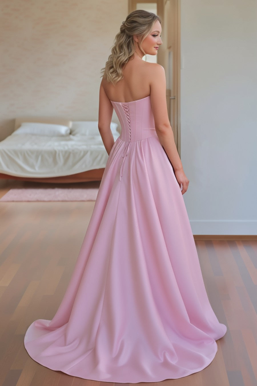 A line 3d Floral Strapless Long Prom Dress