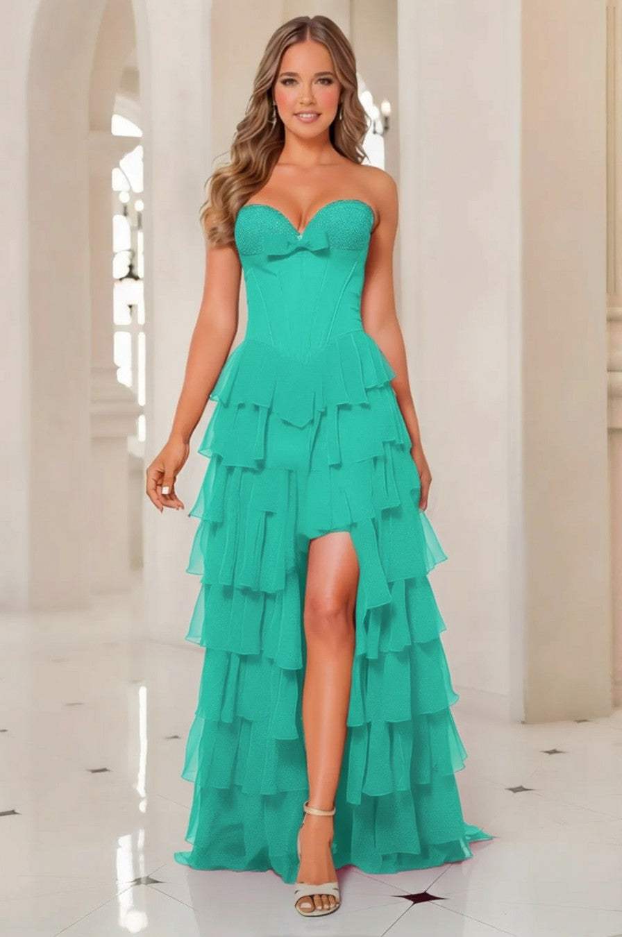 Tiered A line Sweetheart Long Prom Dress