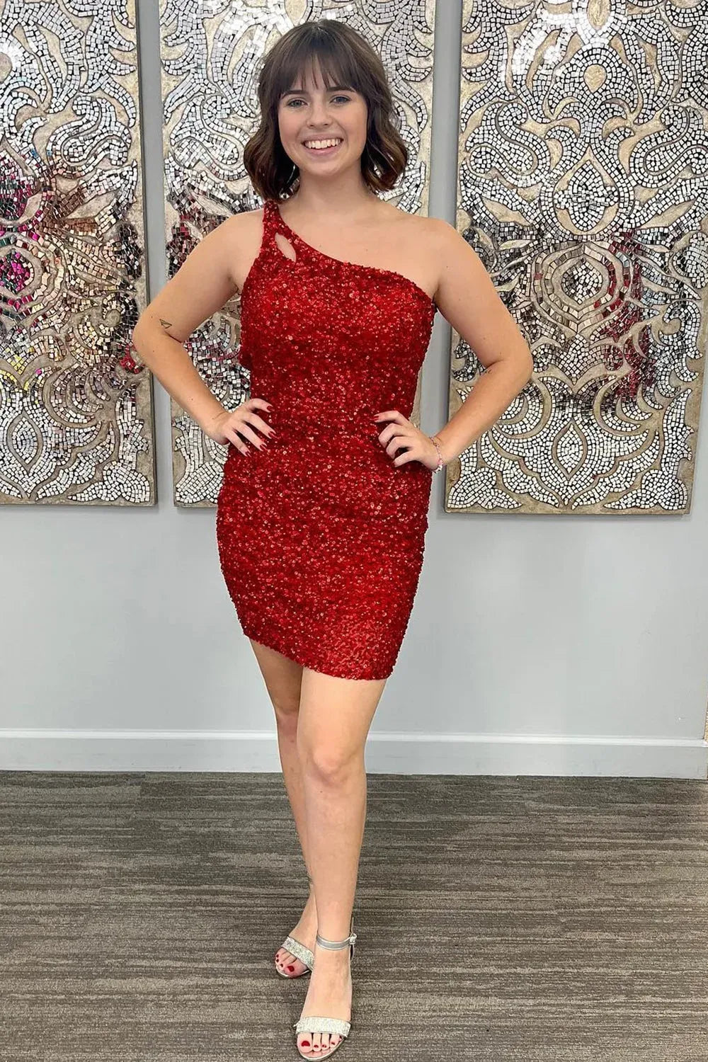 One Shoulder Cutout Sequin Homecoming Dress | Crisscross Open Back Bodycon Mini Dress
