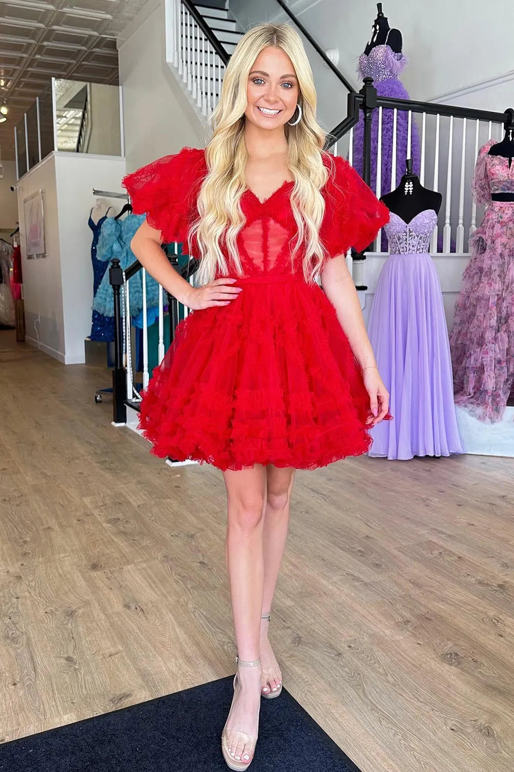 Off-the-Shoulder Tulle Corset Homecoming Dress | Ruffle Puff Sleeve Short Prom Gown