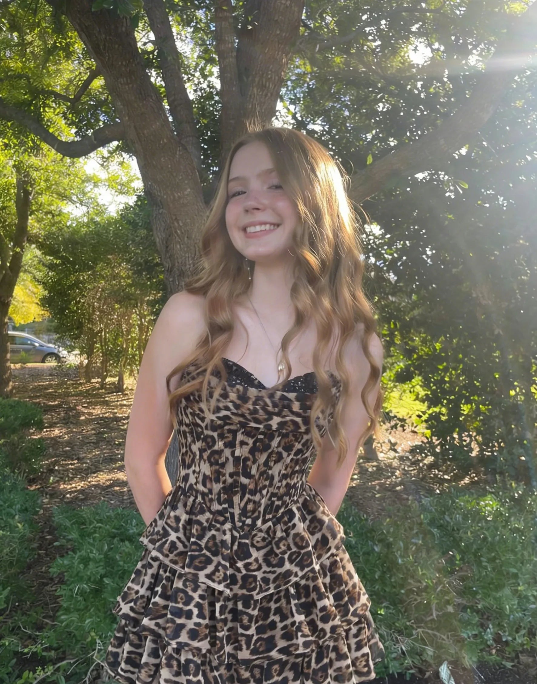 Leopard Print Strapless Corset Homecoming Dress | Lace Trim Tiered Chiffon Short Prom Gown