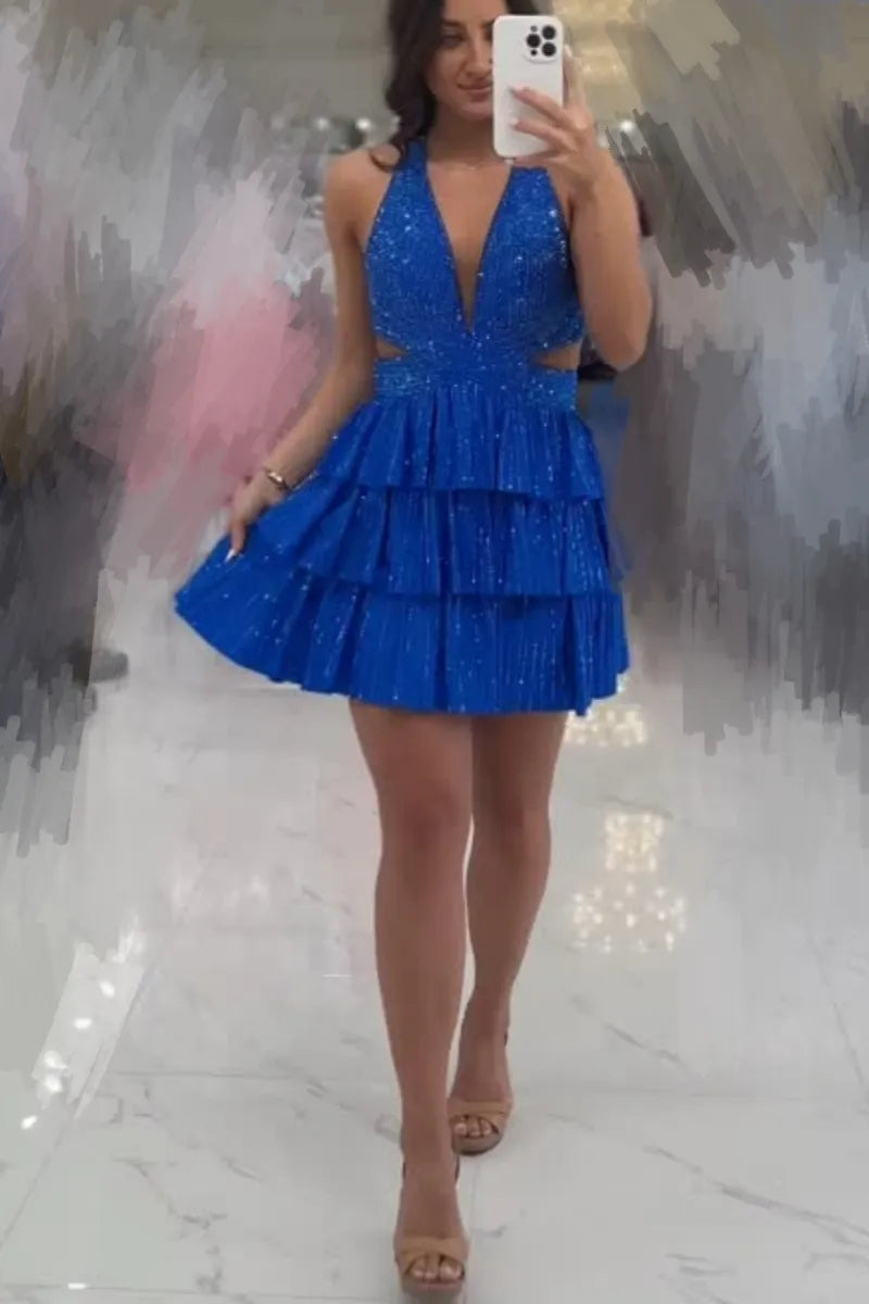 Sparkling Halter Neck Homecoming Dress | Rhinestone-Embellished Tiered Ruffle Skirt Short Prom Gown