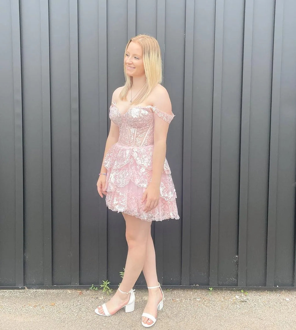 Off Shoulder Floral Lace Corset Homecoming Dress | Tiered Ruffle Mini Tulle Cocktail Dress