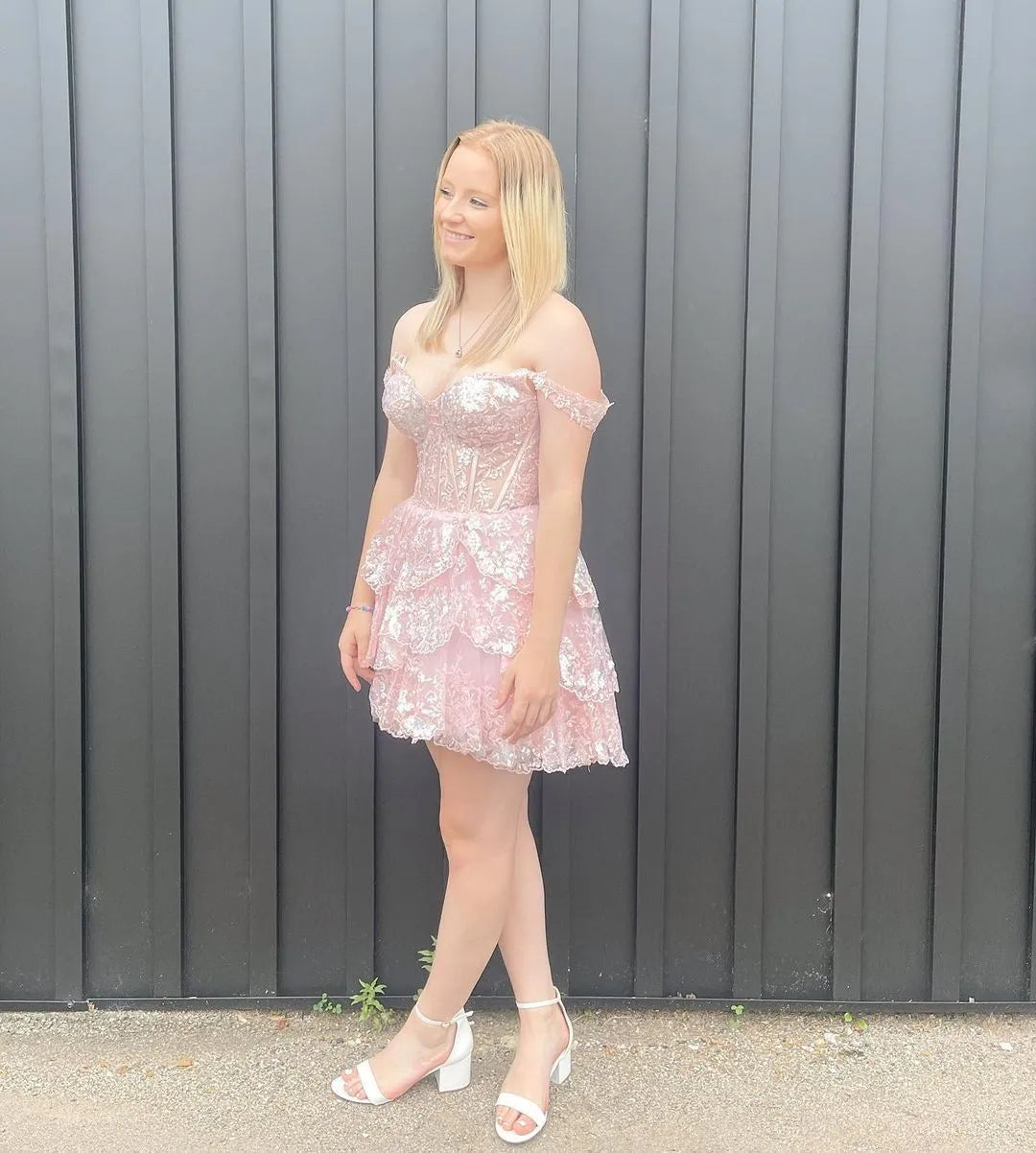 Off Shoulder Floral Lace Corset Homecoming Dress | Tiered Ruffle Mini Tulle Cocktail Dress