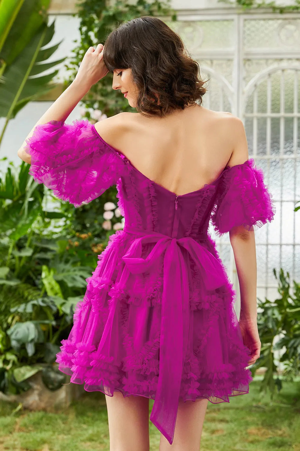Off-the-Shoulder Tulle Corset Homecoming Dress | Ruffle Puff Sleeve Short Prom Gown