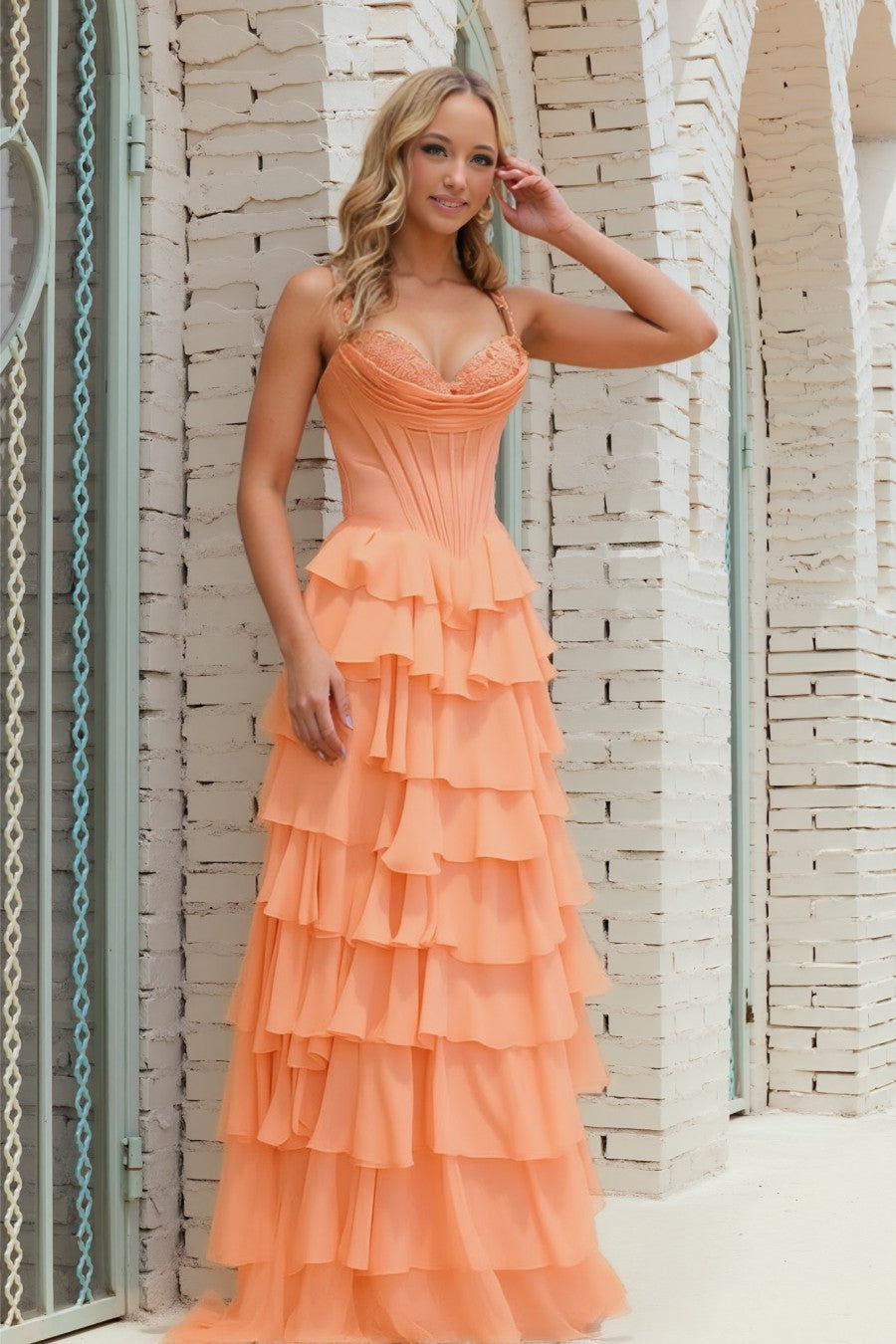 Spaghetti Straps Tiered Long Prom Dress