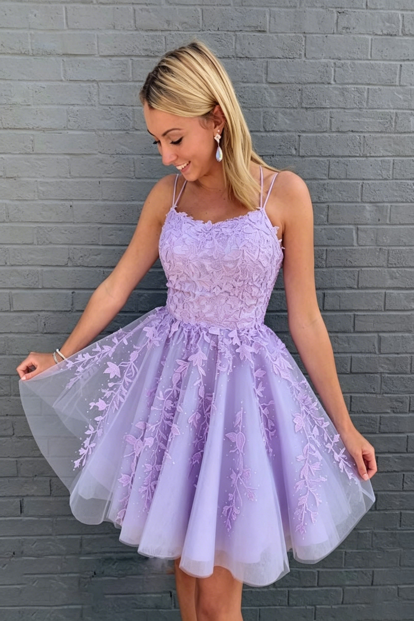 Spaghetti Strap Lace Homecoming Dress | Lace-Up Back A-Line Tulle Mini Prom Gown