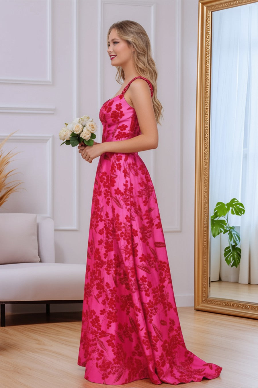 A line V Neck Floral Printed Long Prom Dress