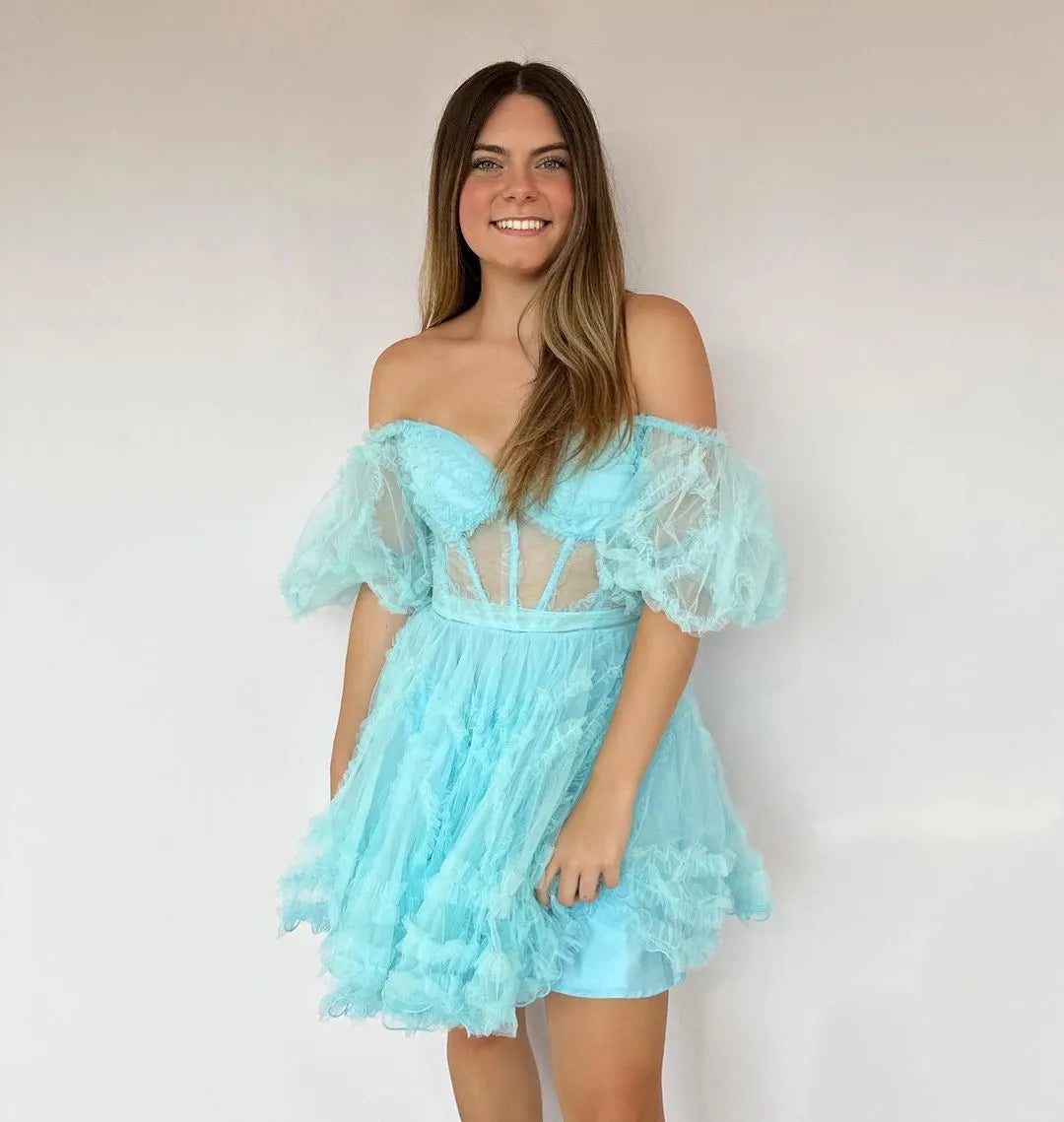 Off-the-Shoulder Tulle Corset Homecoming Dress | Ruffle Puff Sleeve Short Prom Gown