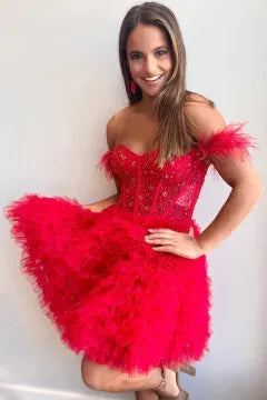 Off The Shoulder Feather Corset Tulle Homecoming Dress | Tiered Ruffle Mini A-Line Cocktail Dress