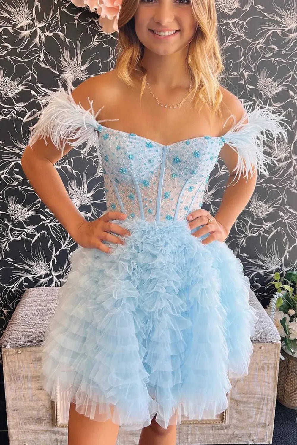 Off The Shoulder Feather Corset Tulle Homecoming Dress | Tiered Ruffle Mini A-Line Cocktail Dress