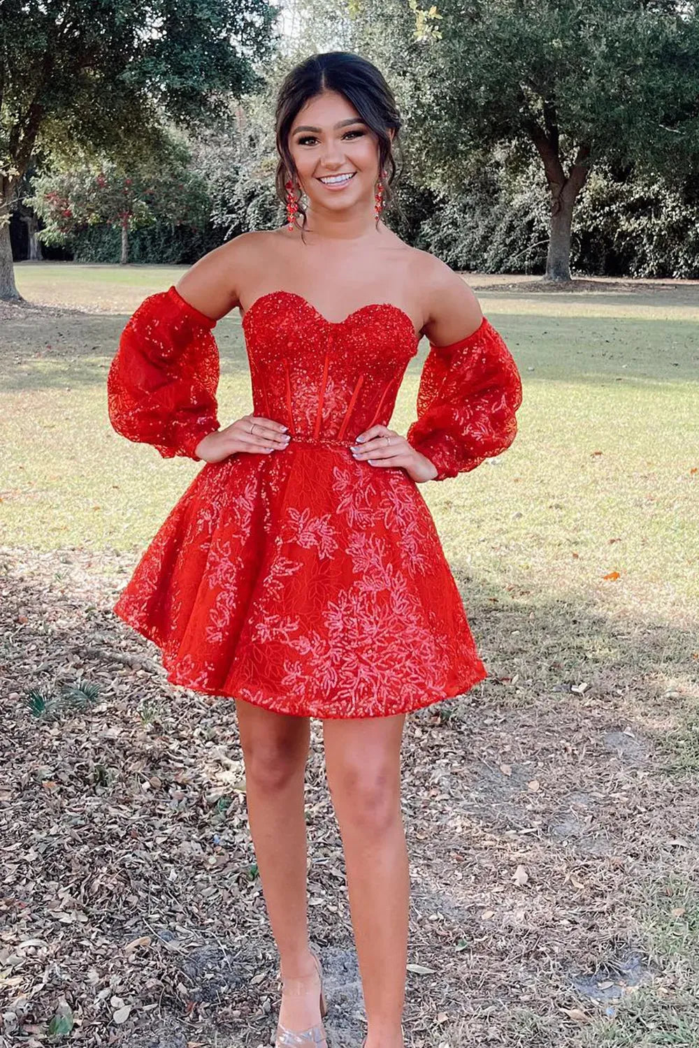 Off Shoulder Puff Sleeve Lace Corset Homecoming Dress | A-Line Skirt Mini Cocktail Dress