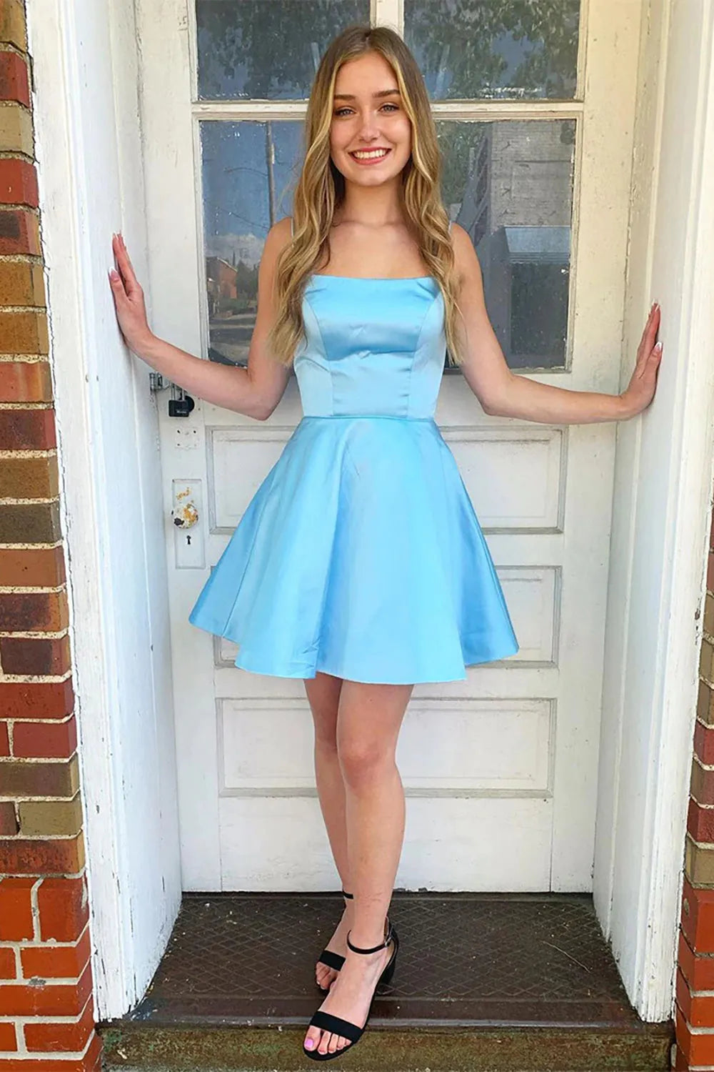 Spaghetti Strap Satin Homecoming Dress | A-Line Mini Dress with Lace-Up Back