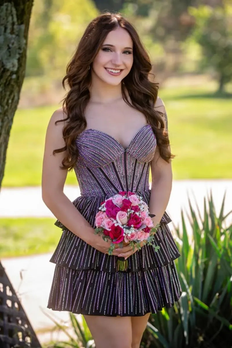 Strapless Sequin Corset Homecoming Dress | Tiered Ruffle Skirt Short Prom Gown