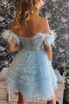 Off The Shoulder Feather Corset Tulle Homecoming Dress | Tiered Ruffle Mini A-Line Cocktail Dress