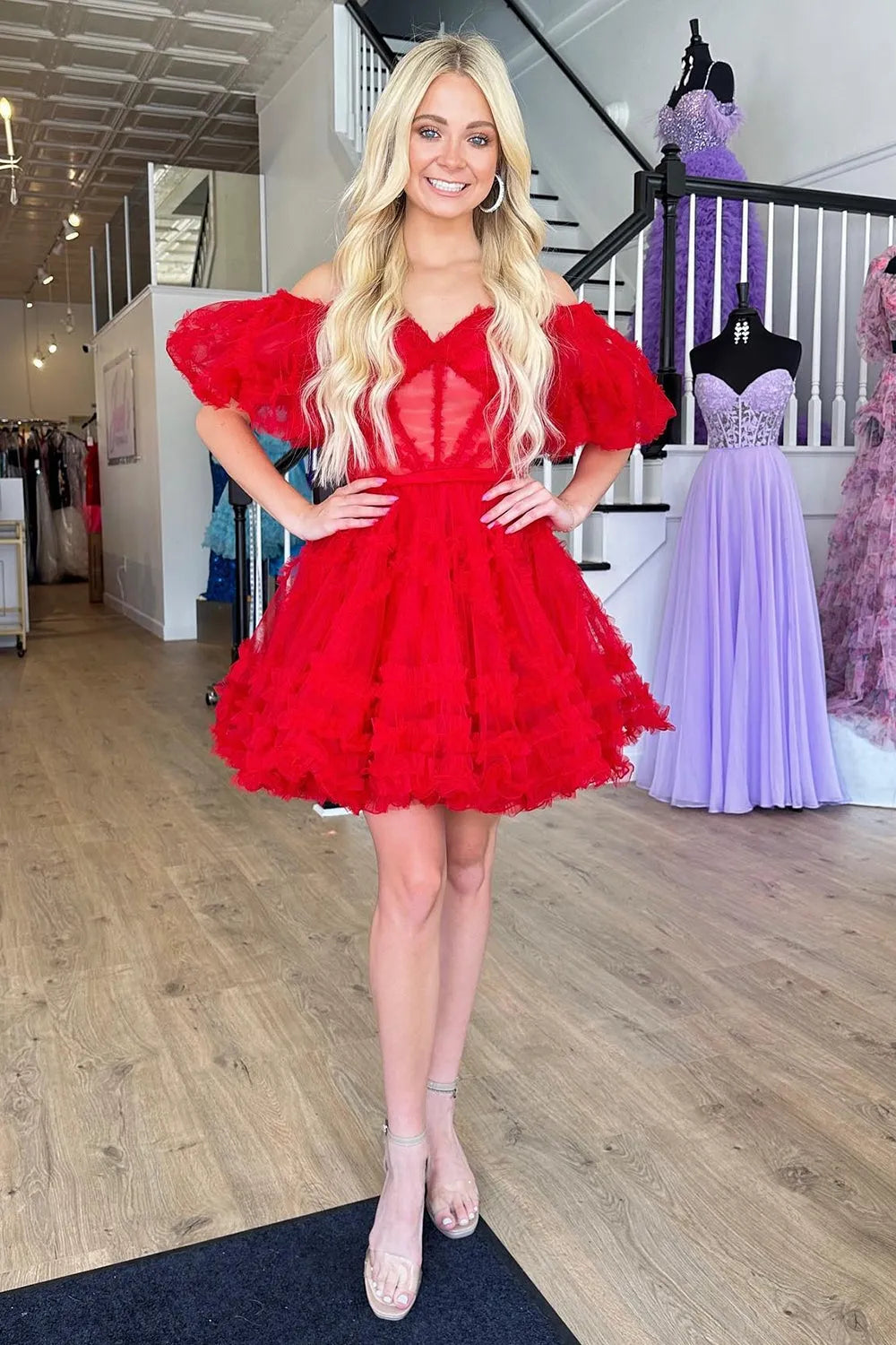 Off-the-Shoulder Tulle Corset Homecoming Dress | Ruffle Puff Sleeve Short Prom Gown