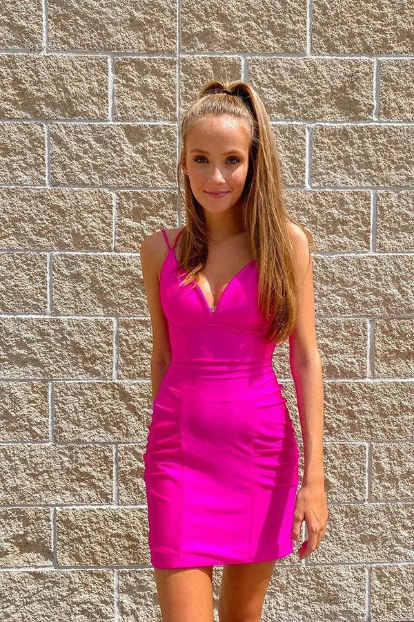 Spaghetti Strap V-Neck Homecoming Dress | Lace-Up Back Ruched Bodycon Mini Party Gown