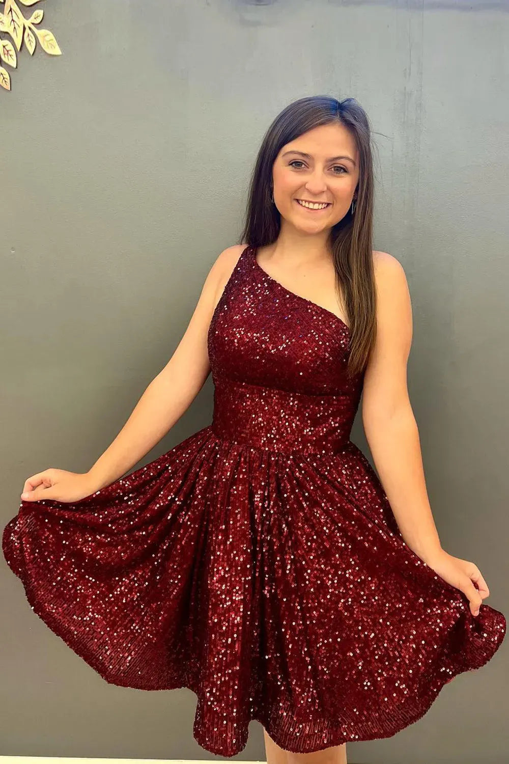 One Shoulder Sequin A-Line Homecoming Dress | High Waist Flared Skirt Mini Cocktail Dress