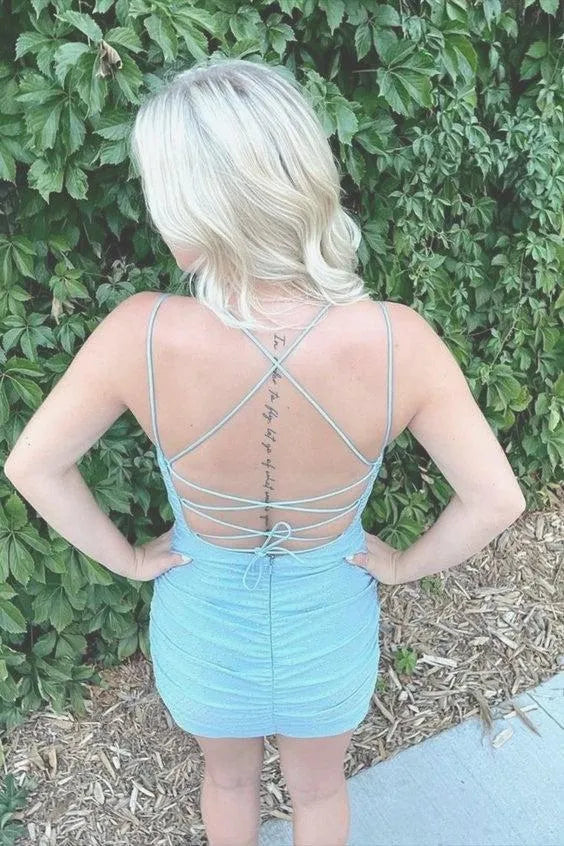 Spaghetti Strap V-Neck Homecoming Dress | Lace-Up Back Ruched Bodycon Mini Party Gown
