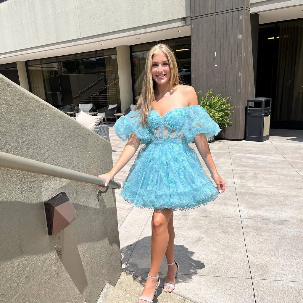 Off-the-Shoulder Tulle Corset Homecoming Dress | Ruffle Puff Sleeve Short Prom Gown