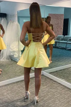 Spaghetti Strap Satin Homecoming Dress | A-Line Mini Dress with Lace-Up Back