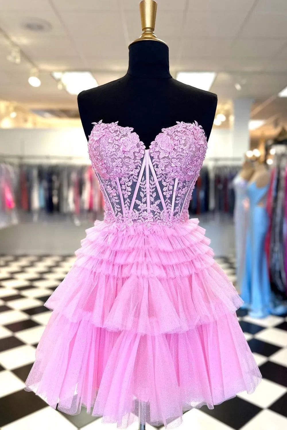 Strapless Lace Corset Homecoming Dress | Glitter Tulle Tiered Ruffle Short Prom Gown