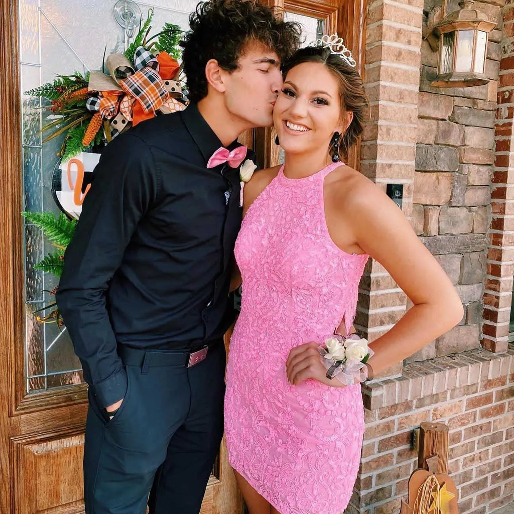 High Neck 3D Lace Fringe Back Homecoming Dress | Bodycon Mini Short Cocktail Dress