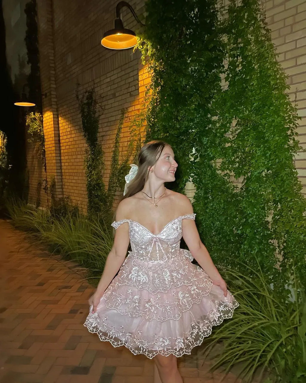 Off Shoulder Floral Lace Corset Homecoming Dress | Tiered Ruffle Mini Tulle Cocktail Dress