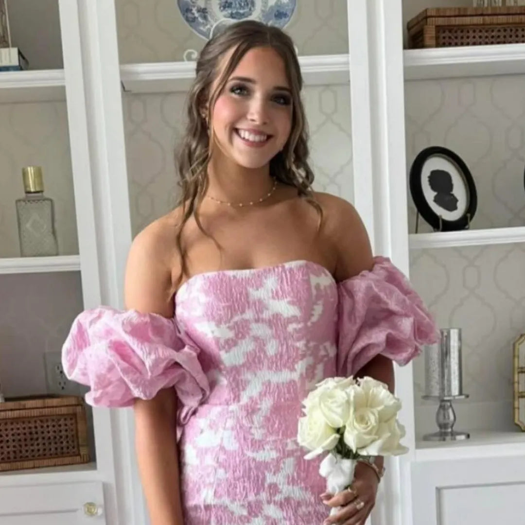 Off-the-Shoulder Puff Sleeve Homecoming Dress | Pink Jacquard Mini Party Gown