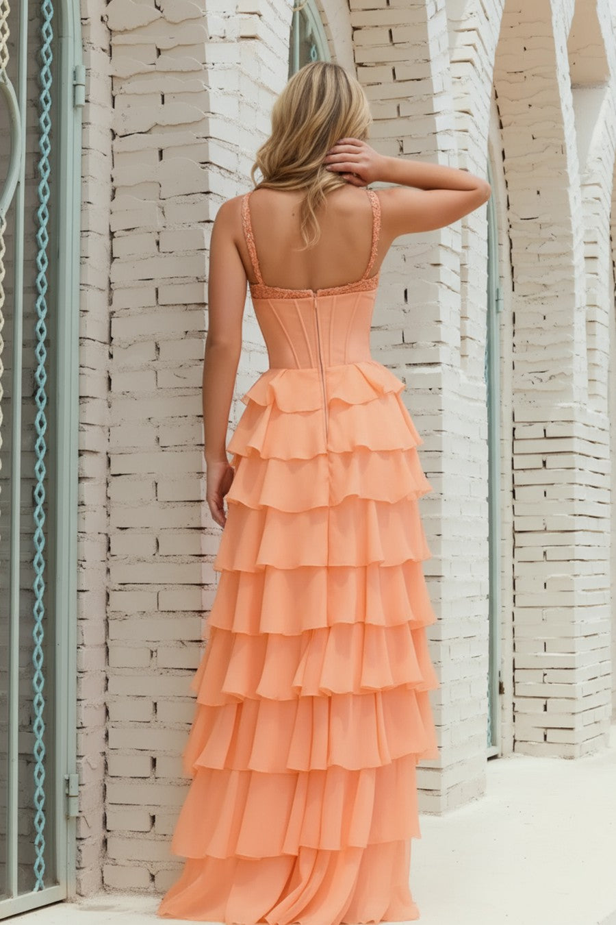 Spaghetti Straps Tiered Long Prom Dress