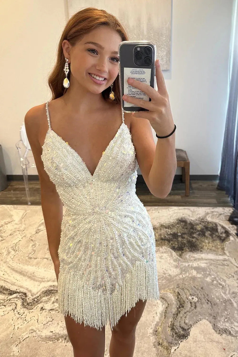 Sparkly Beaded Fringe Homecoming Dress | V-Neck Spaghetti Strap Short Prom Gown with Lace-Up Back