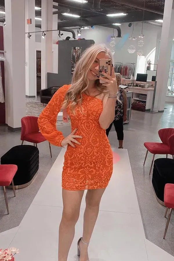 One Shoulder Long Sleeve Sequin Lace Homecoming Dress | Open Back Bodycon Mini Cocktail Dress