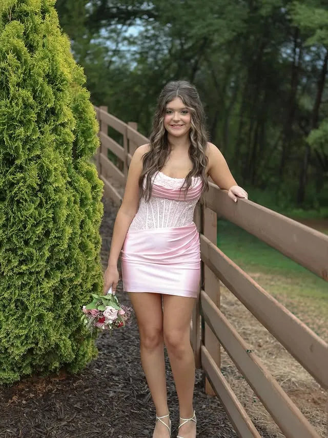 Strapless Rhinestone Corset Homecoming Dress | Satin Ruched Bodycon Short Prom Gown