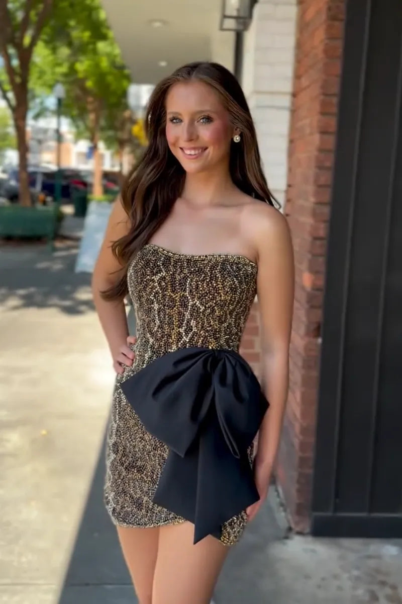 Strapless Beaded Bow Homecoming Dress | Black & Gold Short Bodycon Prom Gown