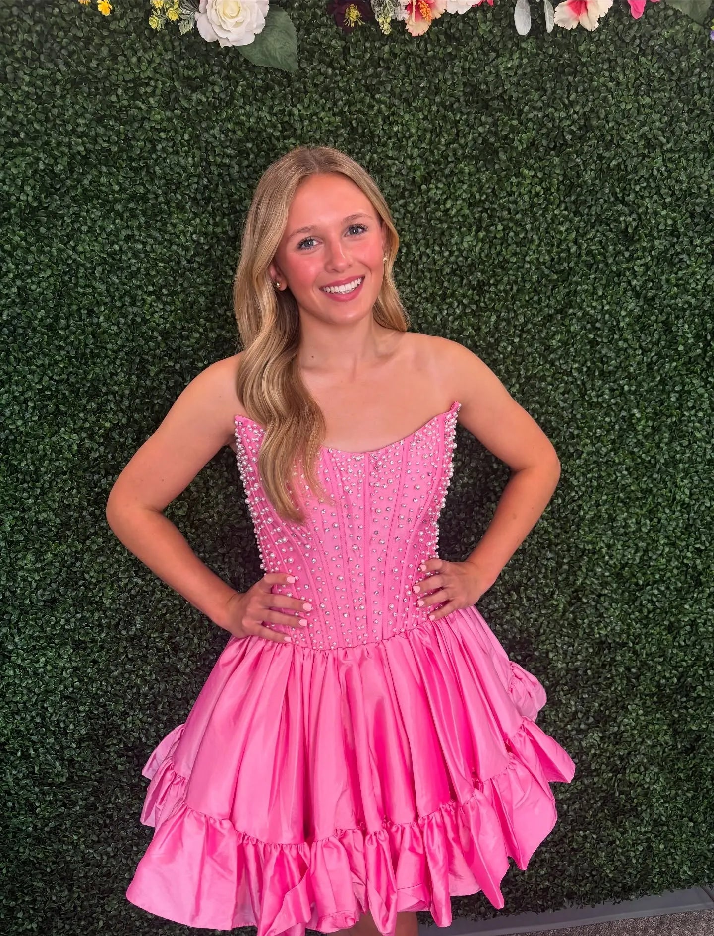 Strapless Pearl Embellished Corset Homecoming Dress | Ruffled Hem A-Line Mini Party Gown
