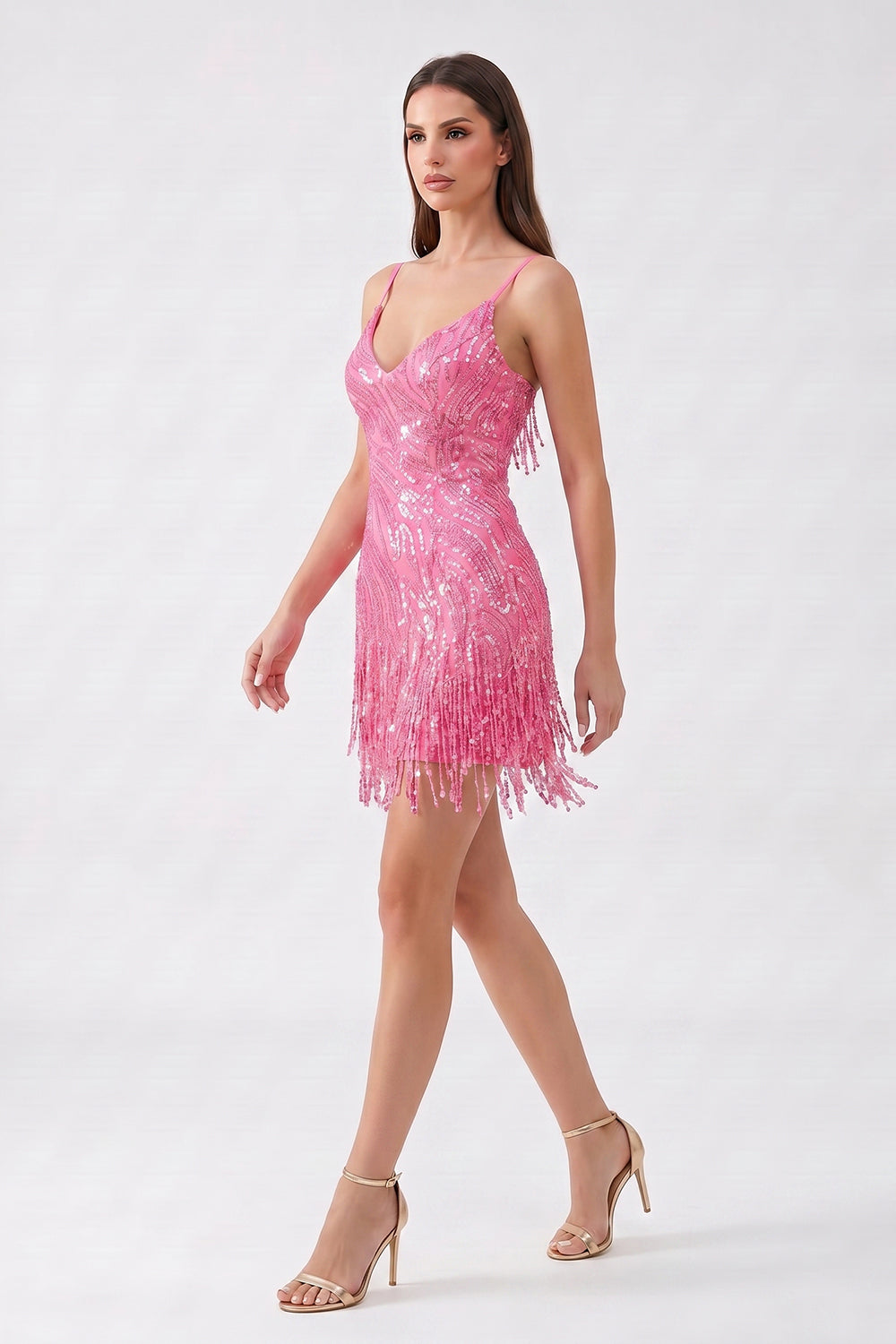 Sparkly Beaded Fringe Homecoming Dress | V-Neck Spaghetti Strap Short Prom Gown