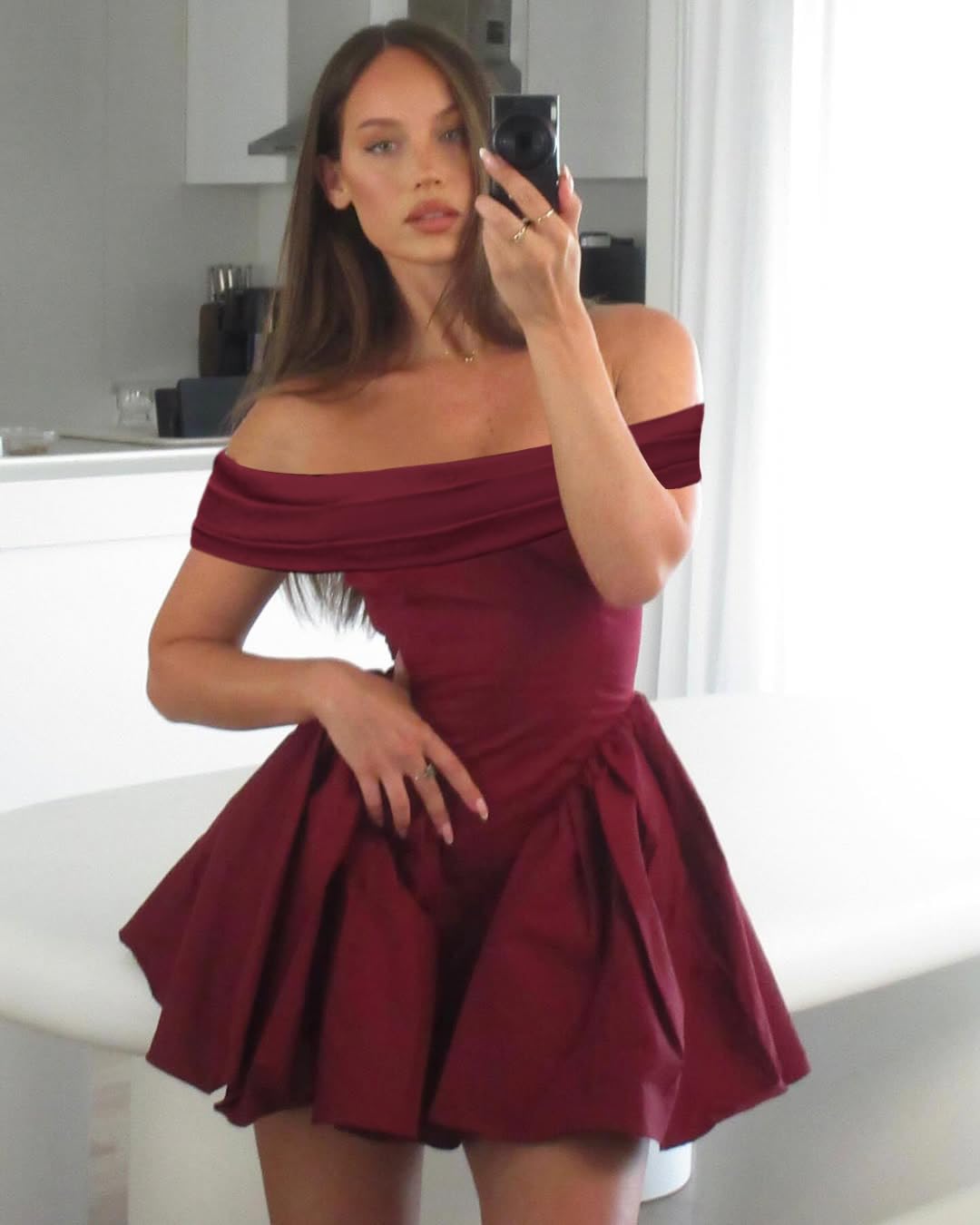 Off-the-Shoulder Homecoming Dress with Choker Scarf | Lace-Up Back Flare Skirt Mini Prom Gown