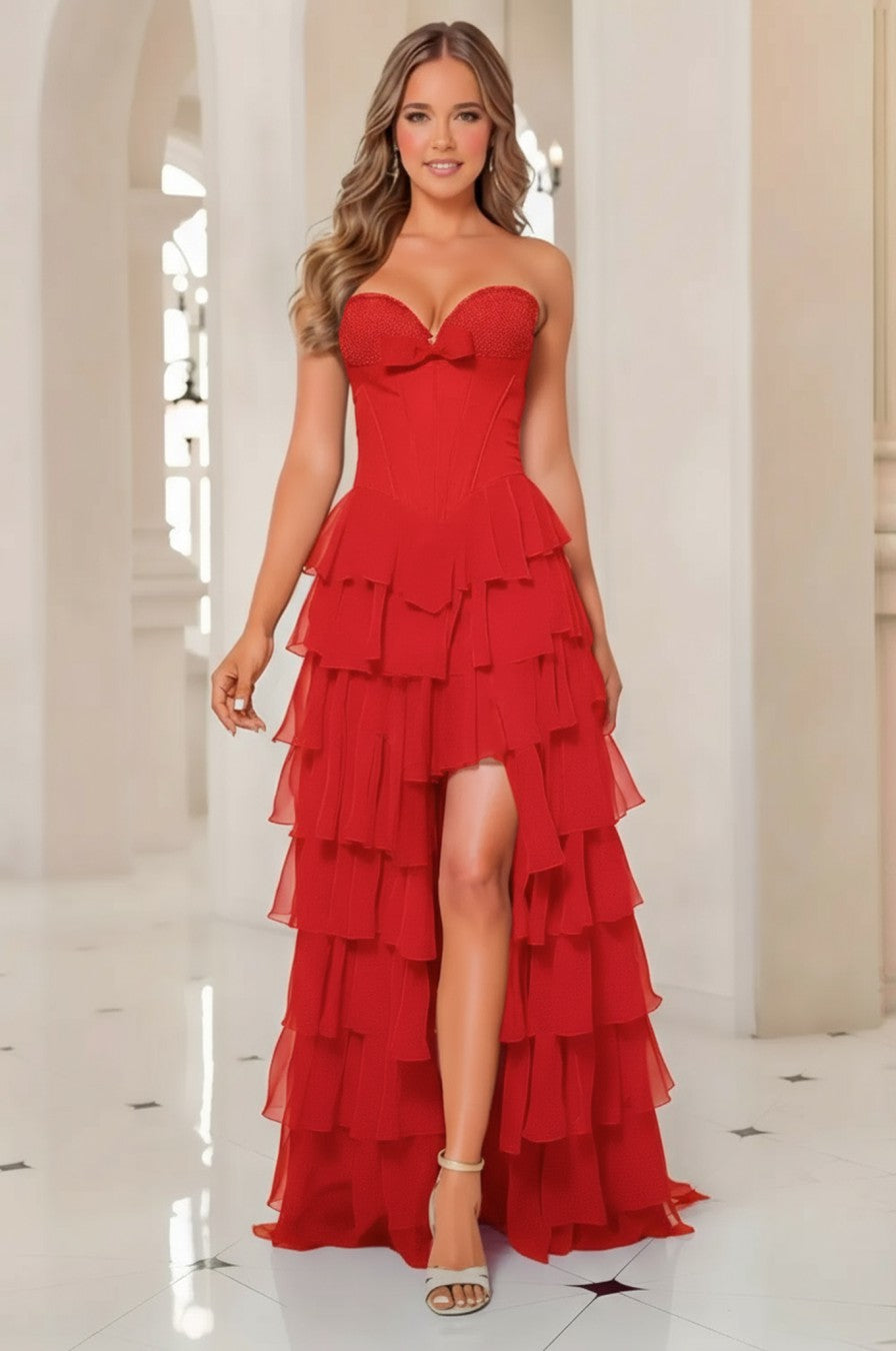 Tiered A line Sweetheart Long Prom Dress