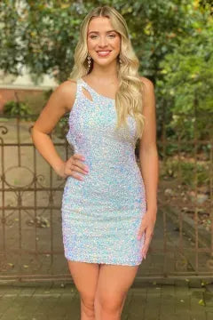 One Shoulder Cutout Sequin Homecoming Dress | Crisscross Open Back Bodycon Mini Dress