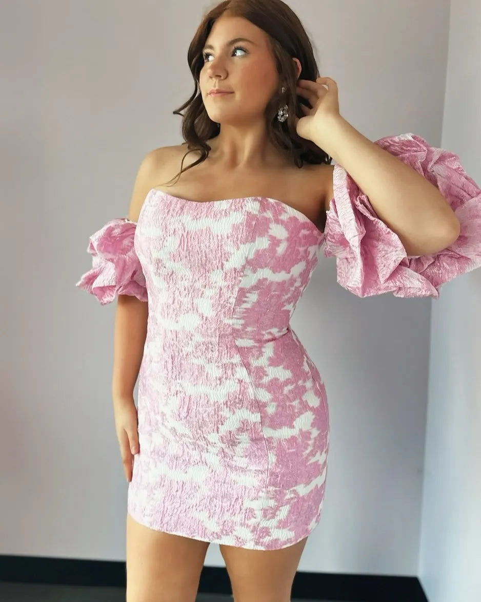 Off-the-Shoulder Puff Sleeve Homecoming Dress | Pink Jacquard Mini Party Gown