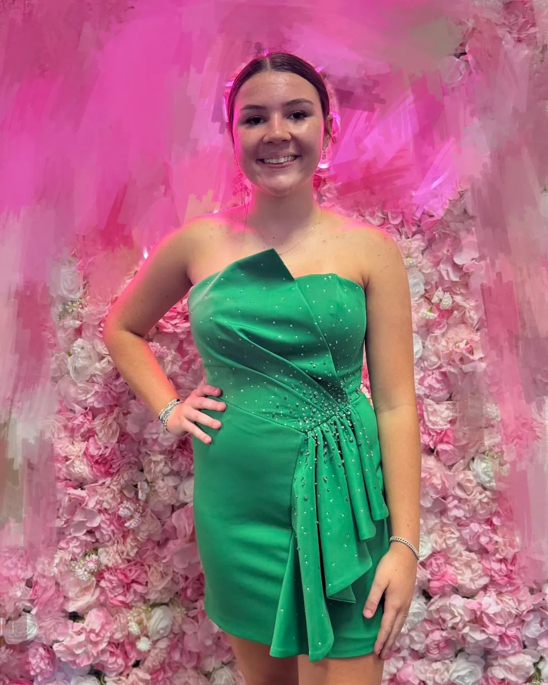 Strapless Asymmetric Neckline Homecoming Dress | Rhinestone Ruffle Detail Short Prom Gown
