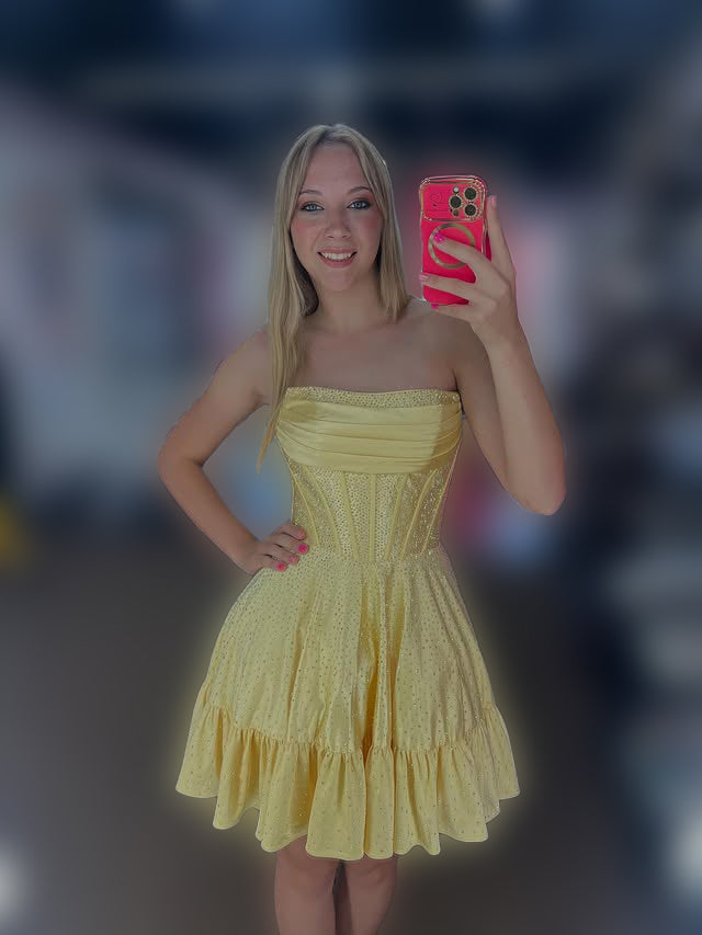 Strapless Rhinestone Corset Homecoming Dress | Satin Ruched Top A-Line Short Prom Gown