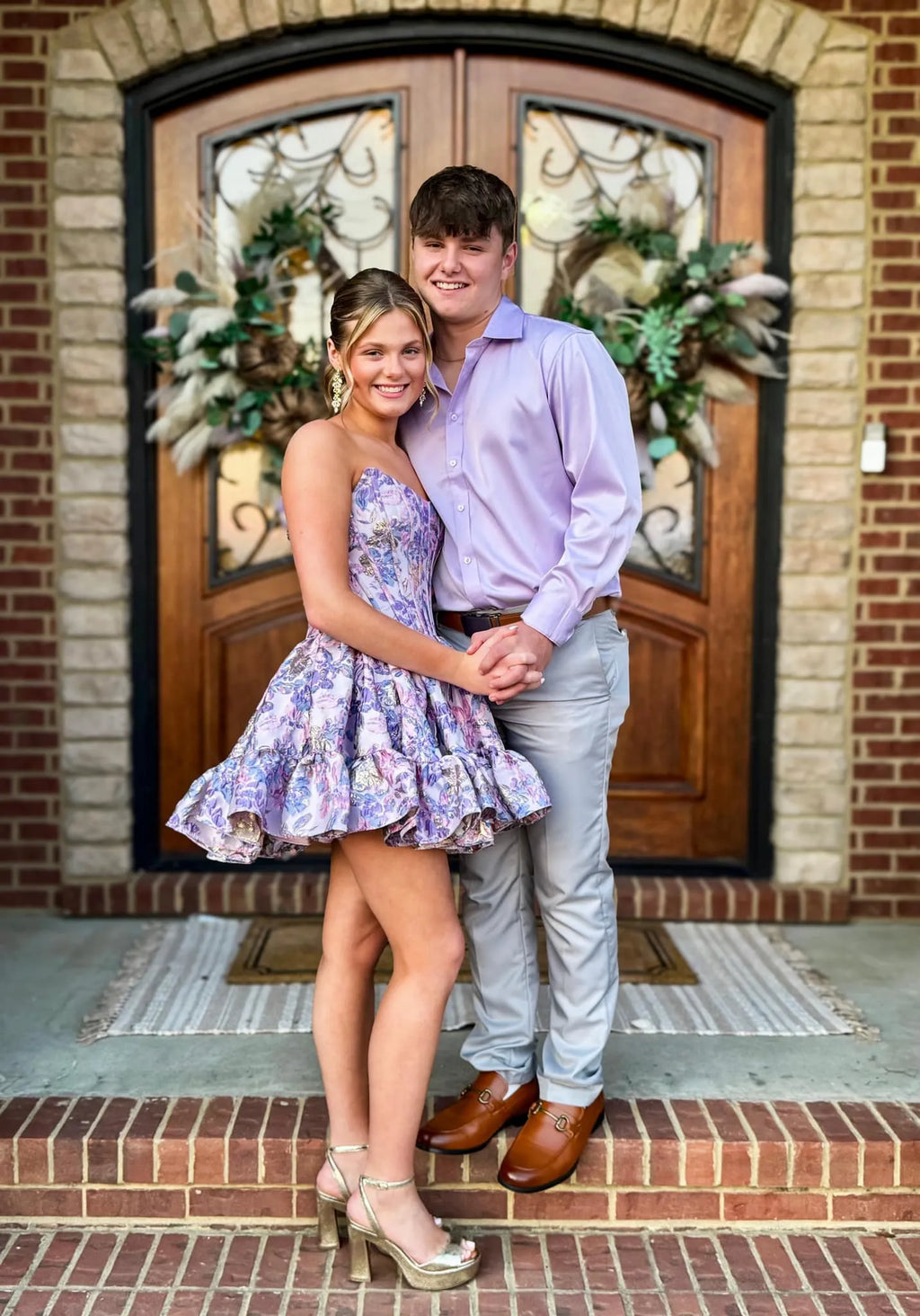 Strapless Jacquard Floral Corset Homecoming Dress | Ruffle Hem A-Line Short Prom Gown