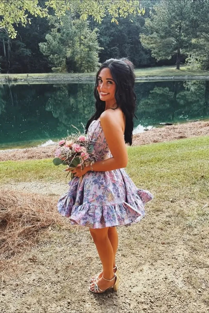 Strapless Jacquard Floral Corset Homecoming Dress | Ruffle Hem A-Line Short Prom Gown