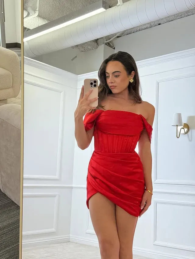 Off The Shoulder Satin Corset Homecoming Dress | Ruched Wrap Slit Bodycon Mini Cocktail Dress
